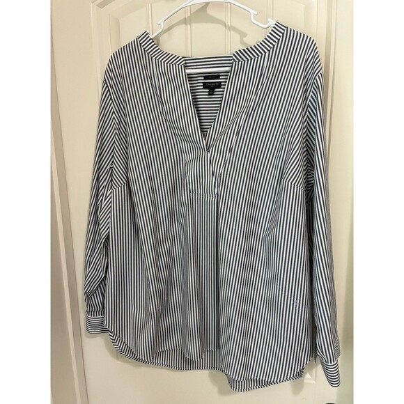 Talbots Plus Popover No Iron Shirt Size 1X Gray White Stripe Split Neckline - Picture 1 of 2